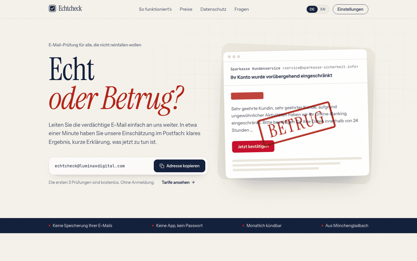 Startseite von Echtcheck: Echt oder Betrug? mit Beispiel einer gefälschten Sparkassen-Mail