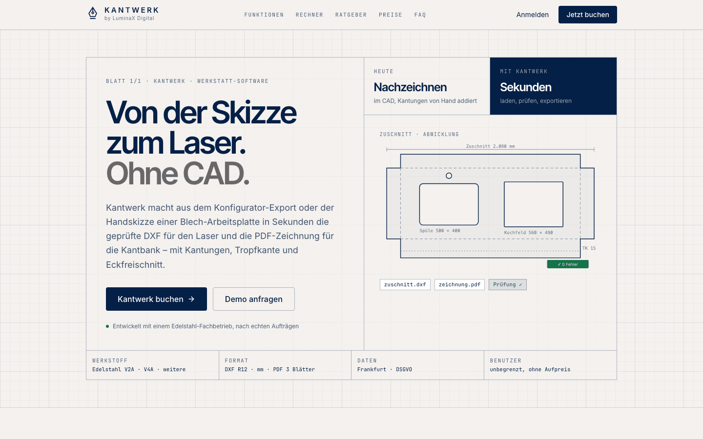 Startseite von Kantwerk: Von der Skizze zum Laser, mit Abwicklung einer Arbeitsplatte